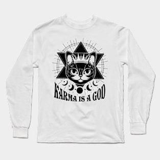 Karma Is A God Black Cat Design Long Sleeve T-Shirt